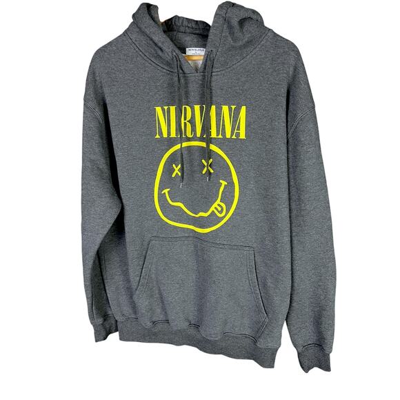 Nirvana Official Band Merchandise Gray Yellow Smiley Hoodie Berkelekle - XL - Picture 1 of 3